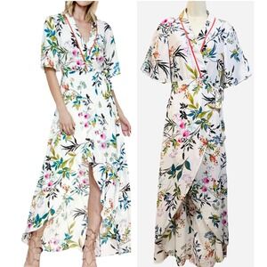 The Room Wrap Dress Women's Size Large Orange Trim High Low Floral S/S Lined